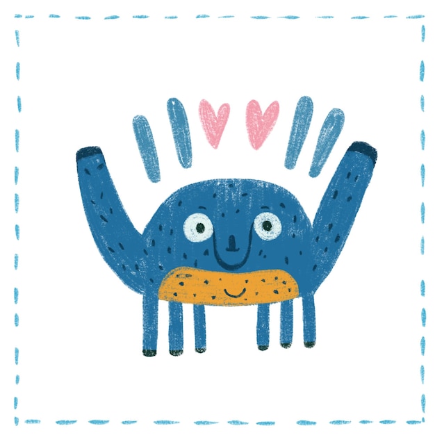 Um monstro azul com corações na cabeça.