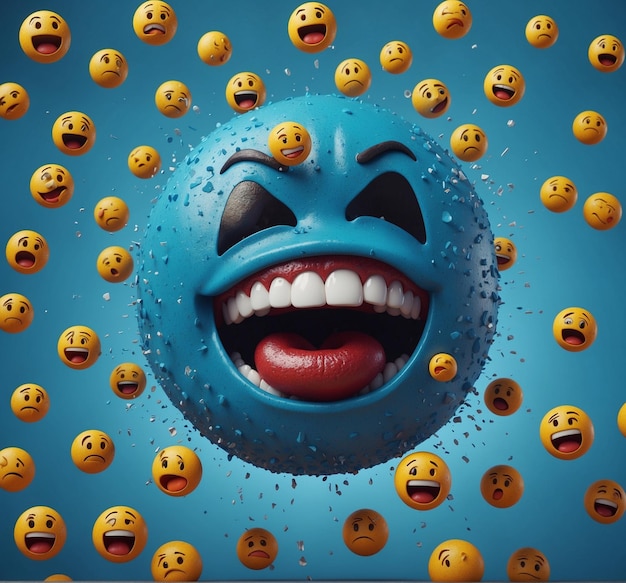 um monstro azul com muitas faces e as palavras cara sorridente