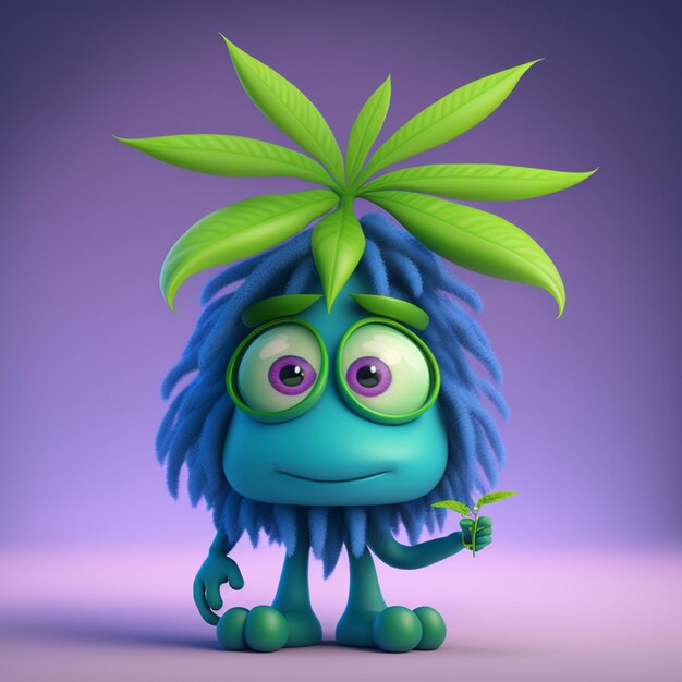 Um monstro azul com uma planta na cabeça está segurando uma folha na cabeça.