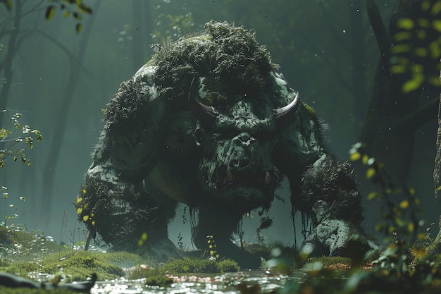 um monstro com cabeça verde e chifres é mostrado em uma floresta