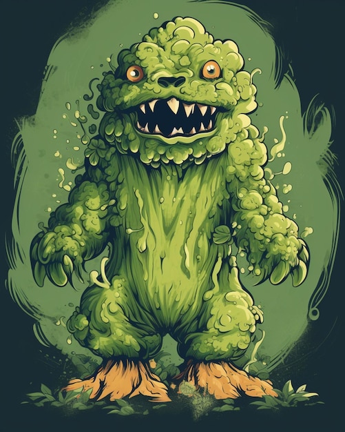 Um monstro com corpo verde e corpo verde está parado em uma sala escura.