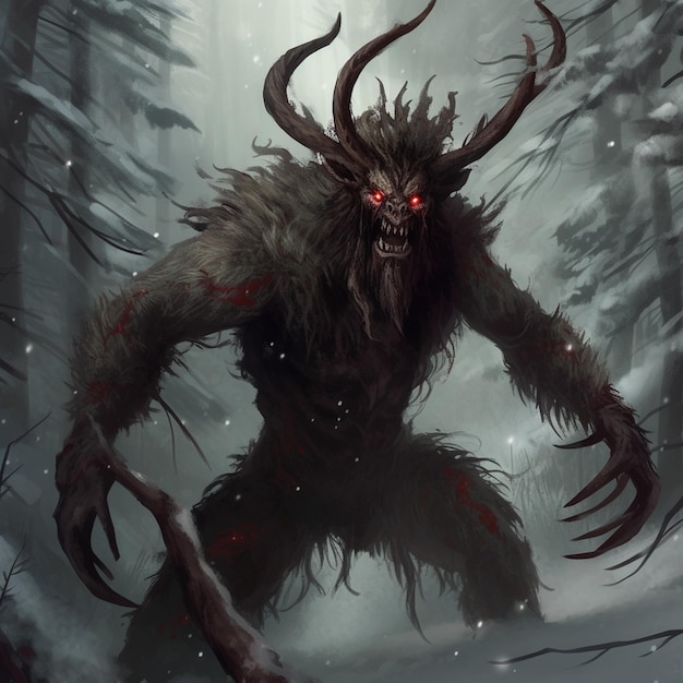 Um monstro com olhos vermelhos está em uma floresta nevada.