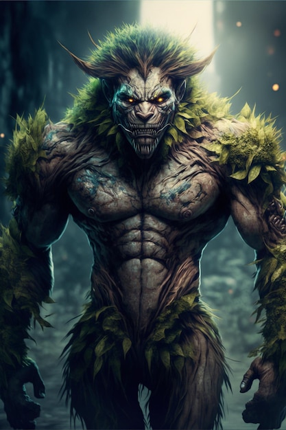 Um monstro com pele verde e pele verde fica na frente de um fundo escuro.