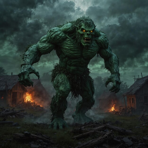 Um monstro com um corpo verde está andando na frente de uma casa com fogo queimando ao fundo
