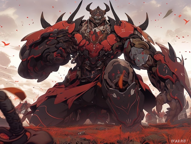 um monstro com um corpo vermelho está de pé em um campo com um fundo de céu