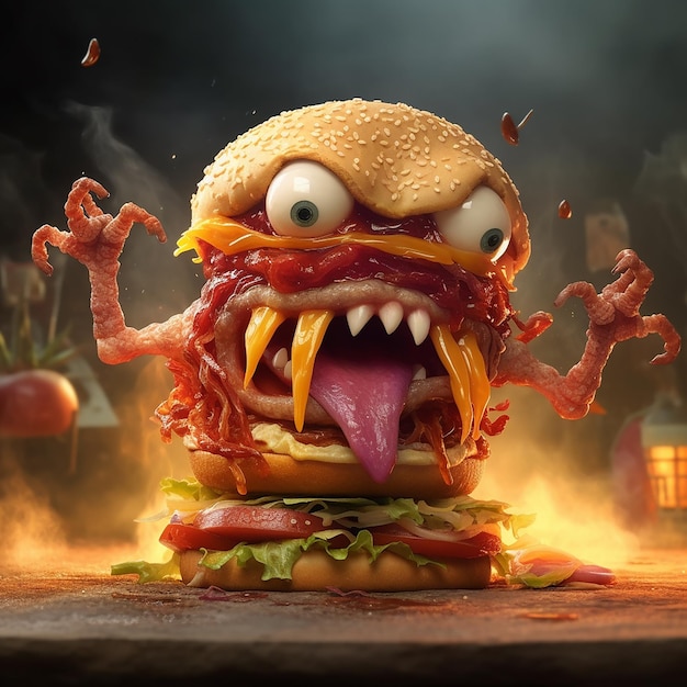 Um monstro com uma cara de monstro e um hambúrguer com uma cara De monstro na frente