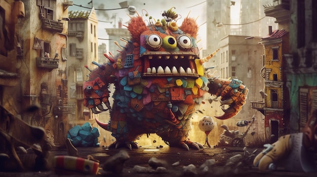 Um monstro de brinquedo atacando uma ilustração de arte digital da cidade