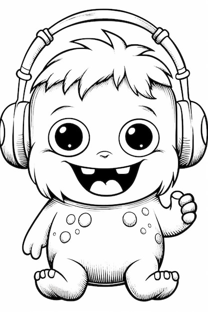Foto um monstro de desenho animado com fones de ouvido e um grande sorriso generativo ai