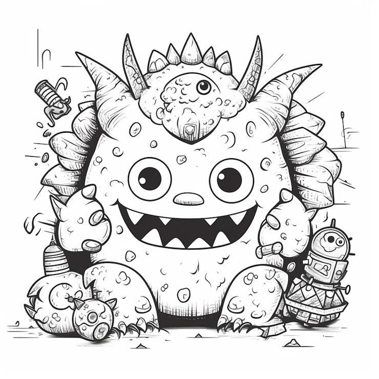 Foto um monstro de desenho animado com um grande sorriso e dois pequenos monstros generativos ai