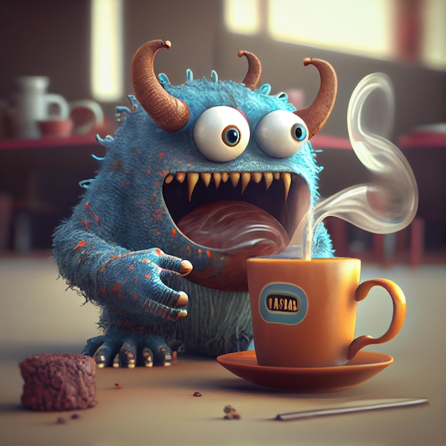 Um monstro de desenho animado está sentado ao lado de uma xícara de café e um monstro está bebendo.