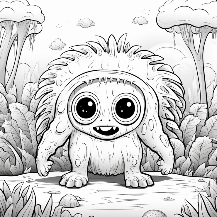 Foto um monstro de desenho animado sentado em uma rocha no meio de uma floresta generativa ai