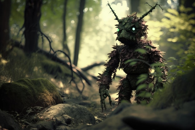 Um monstro na floresta com folhas verdes e uma árvore ao fundo.