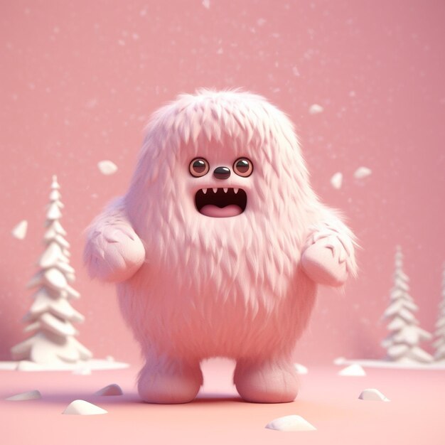 Um monstro peludo com olhos verdes está na frente de uma paisagem de neve.