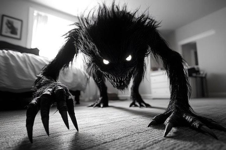 Foto um monstro preto assustador com olhos brilhantes à espreita num quarto