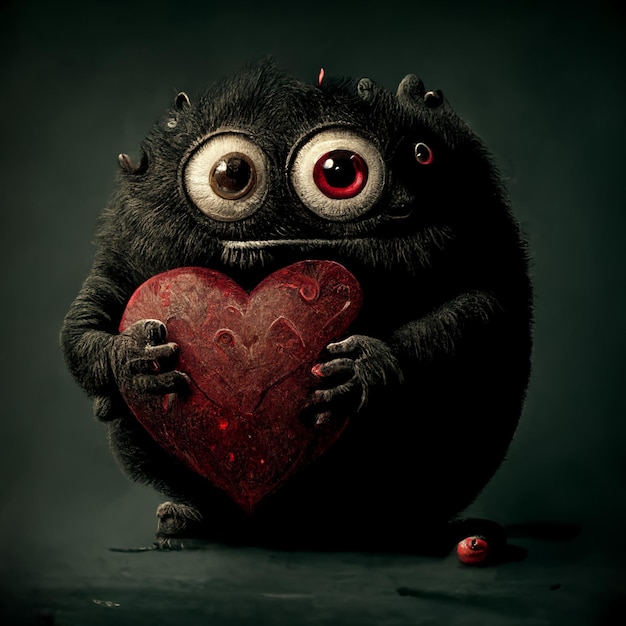 Foto um monstro preto com olhos vermelhos segura um coração.