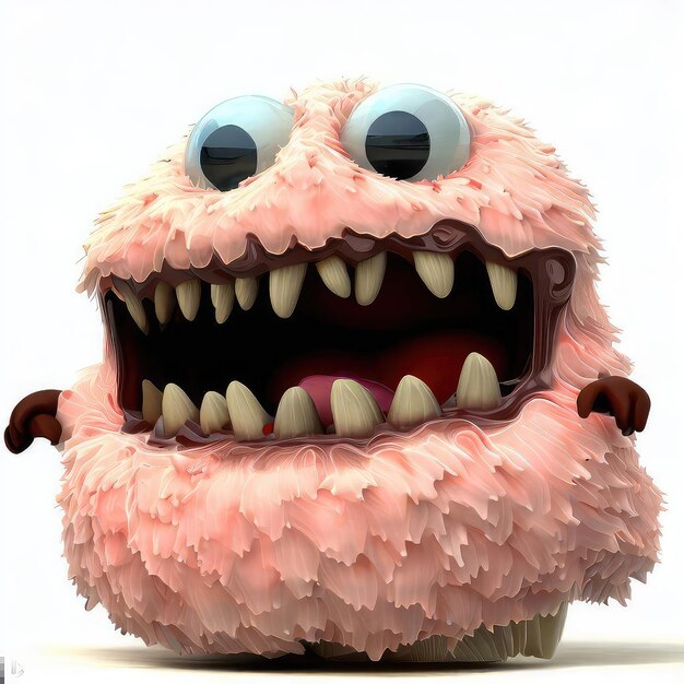 Foto um monstro rosa com grandes olhos e grandes olhos brancos está em um fundo branco.