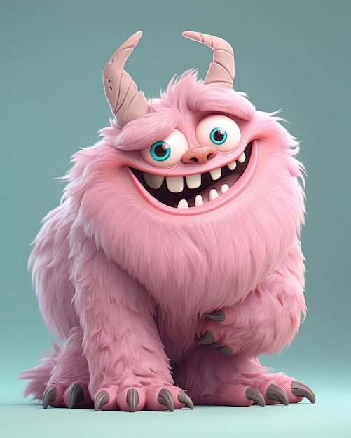 Um monstro rosa com um grande chifre e uma grande cauda branca.