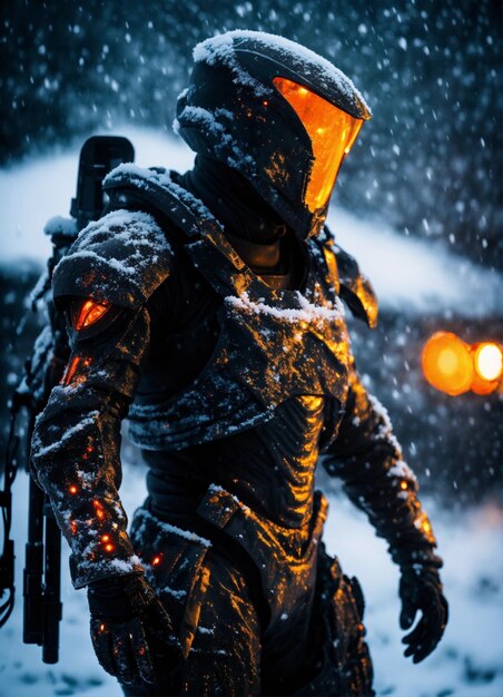 Um monstro soldado alienígena retrato de corpo completo distante em uma paisagem vestindo lig preto branco laranja