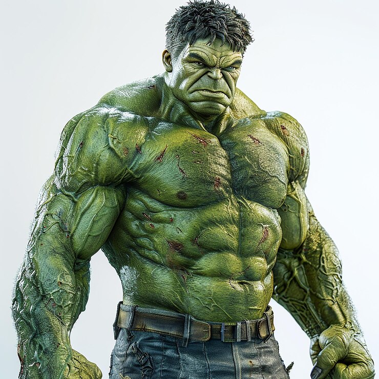 Foto um monstro verde com um rosto verde e um cinto preto.
