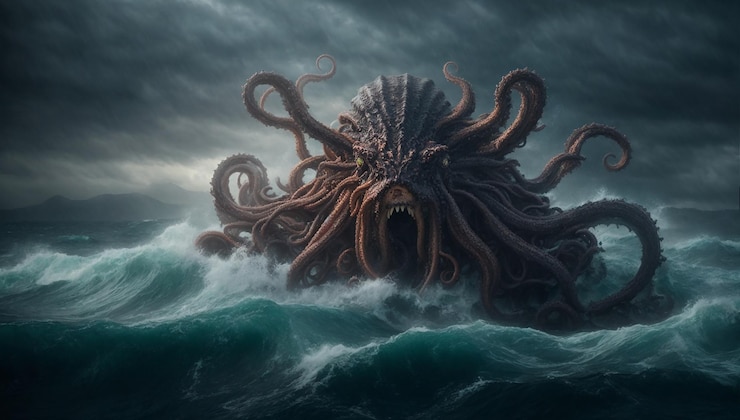 Foto um monstruoso kraken emergindo das profundezas de um mar agitado por tempestades.