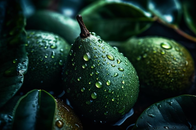 Um monte de abacates verdes com gotas de água sobre eles