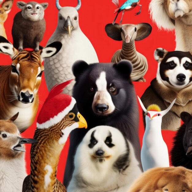 Foto um monte de animais fantásticos que estão em frente a um fundo vermelho imagem generativa de ia