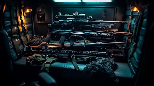 Foto um monte de armas está sobre uma mesa em um quarto escuro.