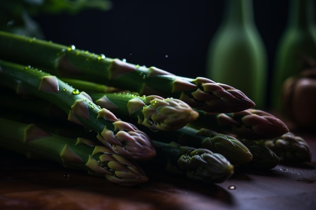 Um monte de aspargos sobre uma mesa com uma garrafa verde ao fundo.