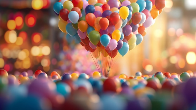 Um monte de balões coloridos em uma sala com uma luz ao fundo.