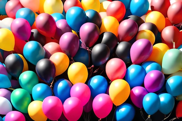 Foto um monte de balões coloridos estão em exibição para a festa de aniversário.