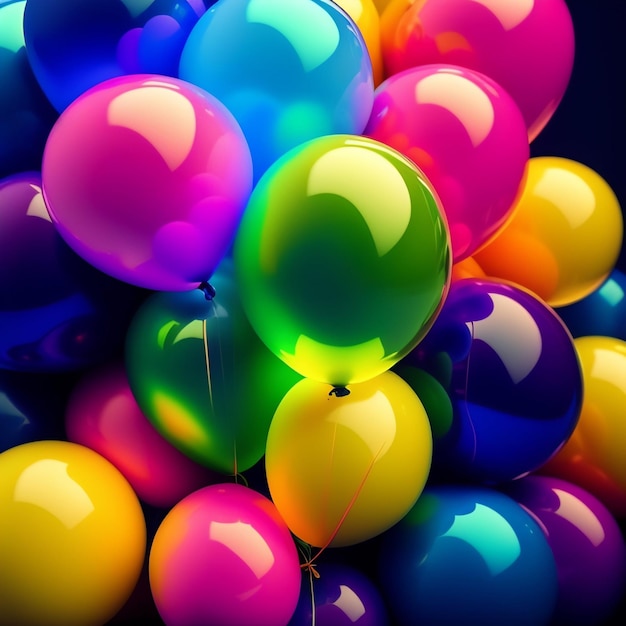 Um monte de balões coloridos estão empilhados e o inferior é da cor do arco-íris.