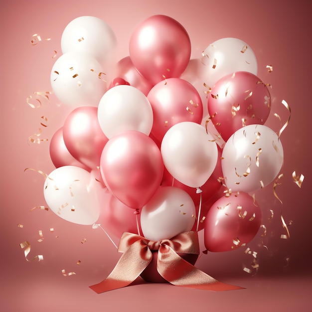 Um monte de balões com fitas rosa e brancas e um laço que diz "parabéns".