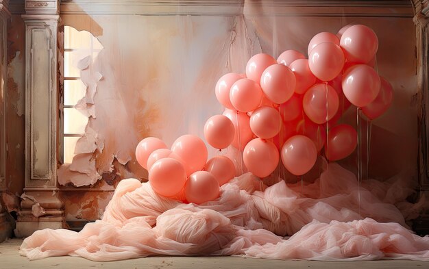 Um monte de balões cor-de-rosa numa janela.