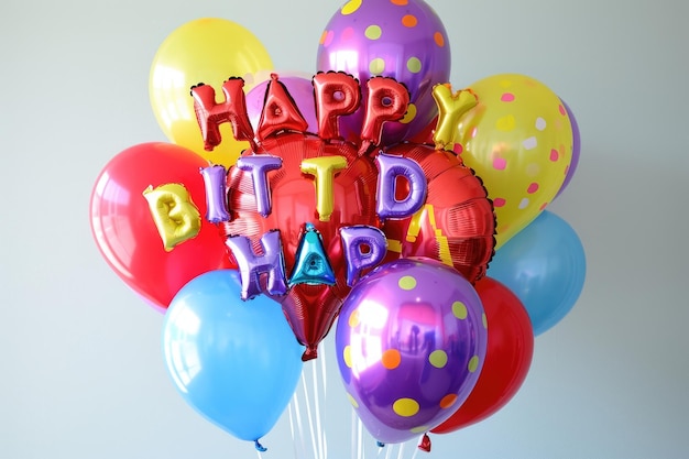 Um monte de balões de cores brilhantes dispostos para soletrar as palavras feliz aniversário para uma ocasião alegre e comemorativa um grande buquê de balões feliz aniversário gerado pela IA