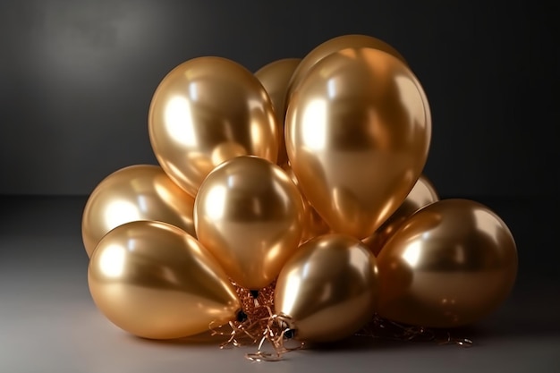 Um monte de balões dourados com um que diz "ouro" nele.