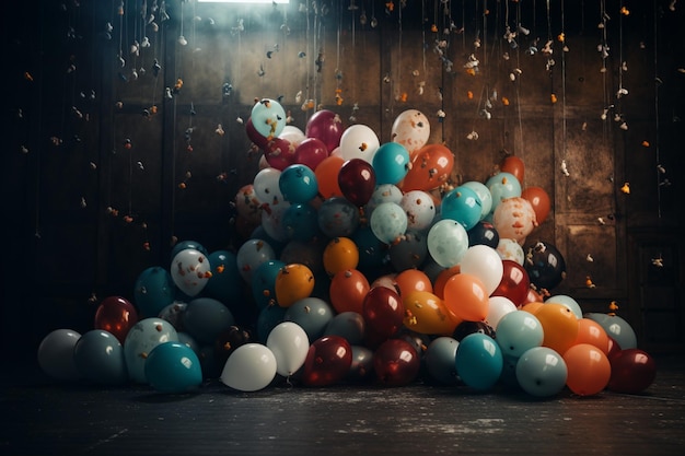 Um monte de balões está espalhado em uma sala escura com as palavras 'aniversário' no fundo.