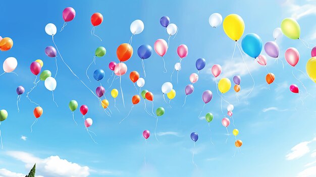 Um monte de balões multicoloridos com hélio em um fundo de céu azul
