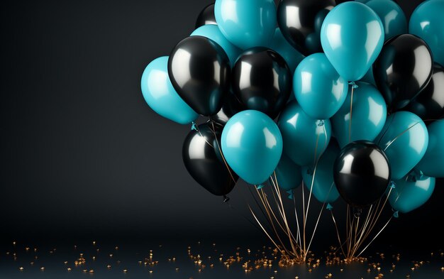Foto um monte de balões pretos e azuis de feliz aniversário em fundo preto