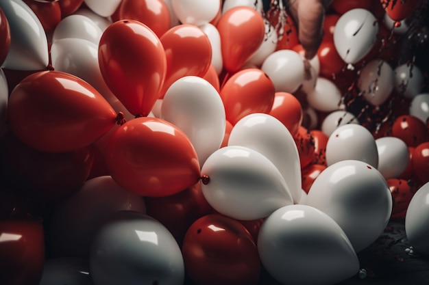 Um monte de balões vermelhos e brancos com a palavra balão nele