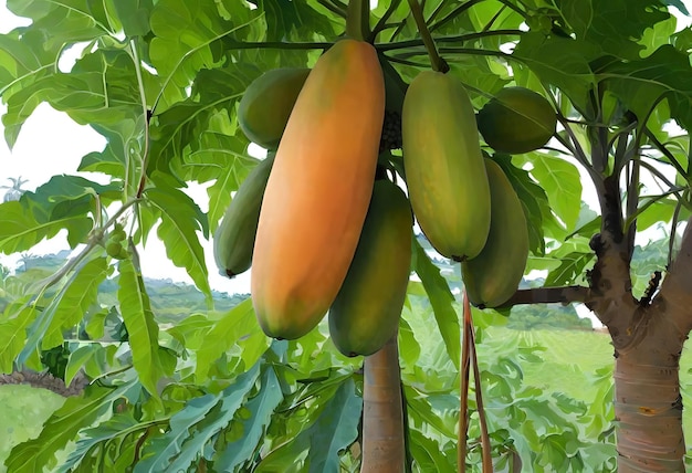 Foto um monte de bananas penduradas numa árvore com a palavra