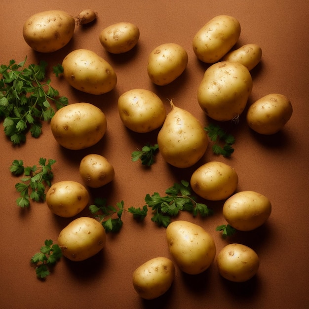Um monte de batatas com folhas verdes em uma superfície marrom generativa ai