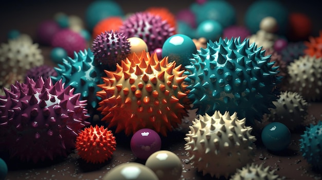 Um monte de bolas coloridas com uma que diz 'spiky'on