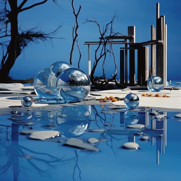 Um monte de bolas de vidro sentadas em cima de uma imagem de ai generativa de piscina paisagem caprichosa surreal