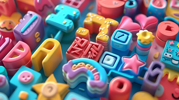 Foto um monte de botões de brinquedo coloridos com um que diz 