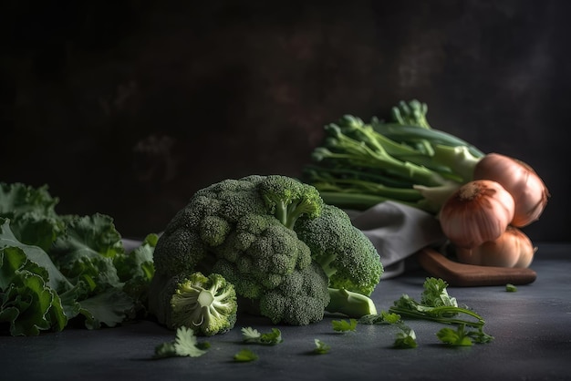 Um monte de brócolis e outros vegetais em um fundo escuro