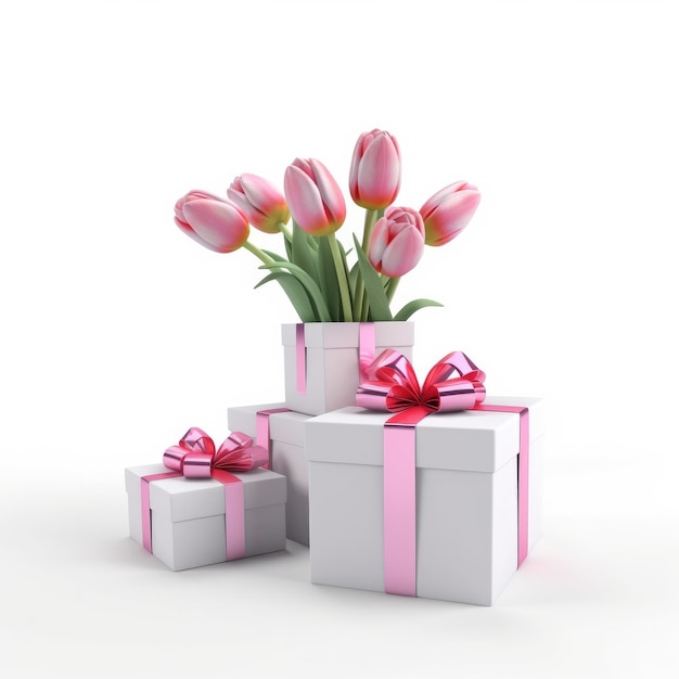 Um monte de caixas brancas com flores cor de rosa e uma com uma fita rosa.