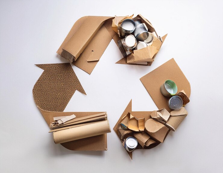Foto um monte de caixas de papelão rodeia um proeminente símbolo de reciclagem, enfatizando a importância do descarte ecológico