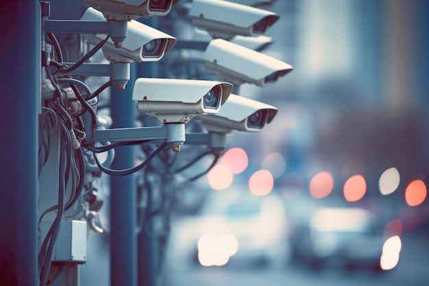 Um monte de câmeras de CCTV mantendo um olho atento sobre uma rua movimentada da cidade Ilustração de IA generativa