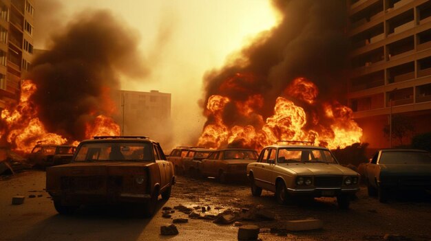 um monte de carros que estão na frente de um incêndio