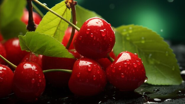 Um monte de cerejas vermelhas na selva com gotas de água geradas por imagens de IA